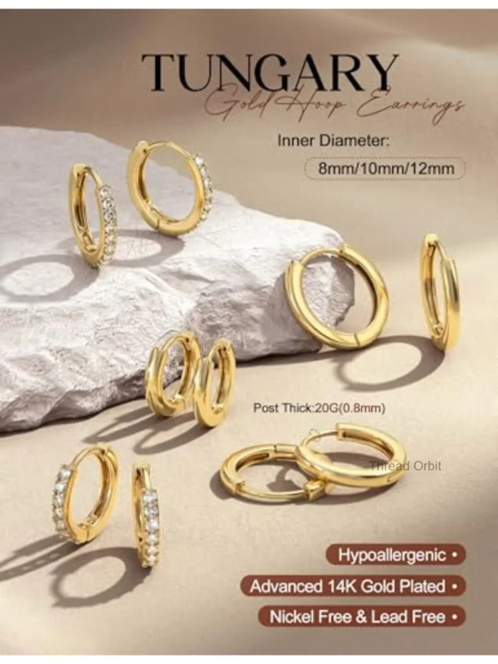 5 Pair Gold Hoop Earrings Set Hypoallergenic Huggies for Sensitive Ears 14K